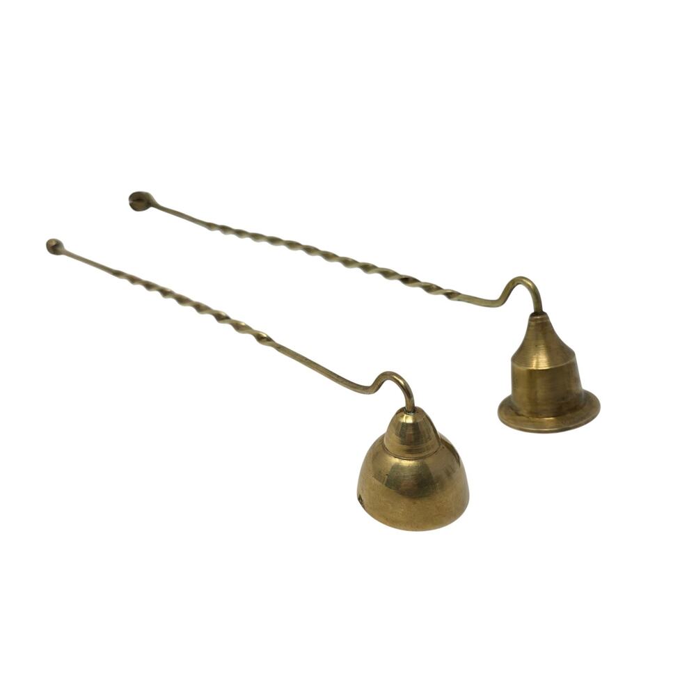 Vintage Brass Candle Snuffer Set Mismatched Pair Twisted Handles Bell Finial